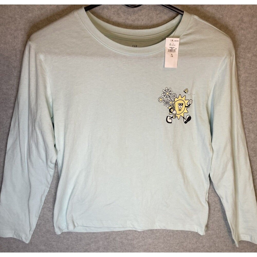 Gap Kids Girls Sz 12 New Long Sleeve Graphic Tshirt Sunshine Blue casual Basic
